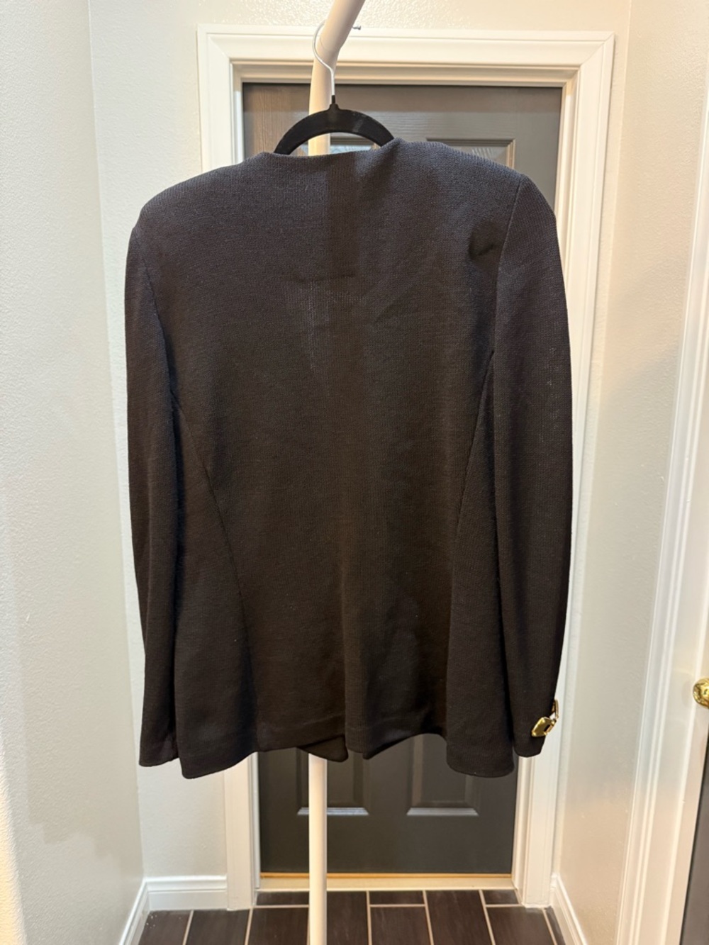 St. John Black Knit Blazer with Zipper Front and Gold Tone Hook and Eye Closures - Picture 3 of 9
